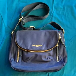 Karl Lagerfeld Blue and Gold Crossbody Bag with Adjustable Strap
